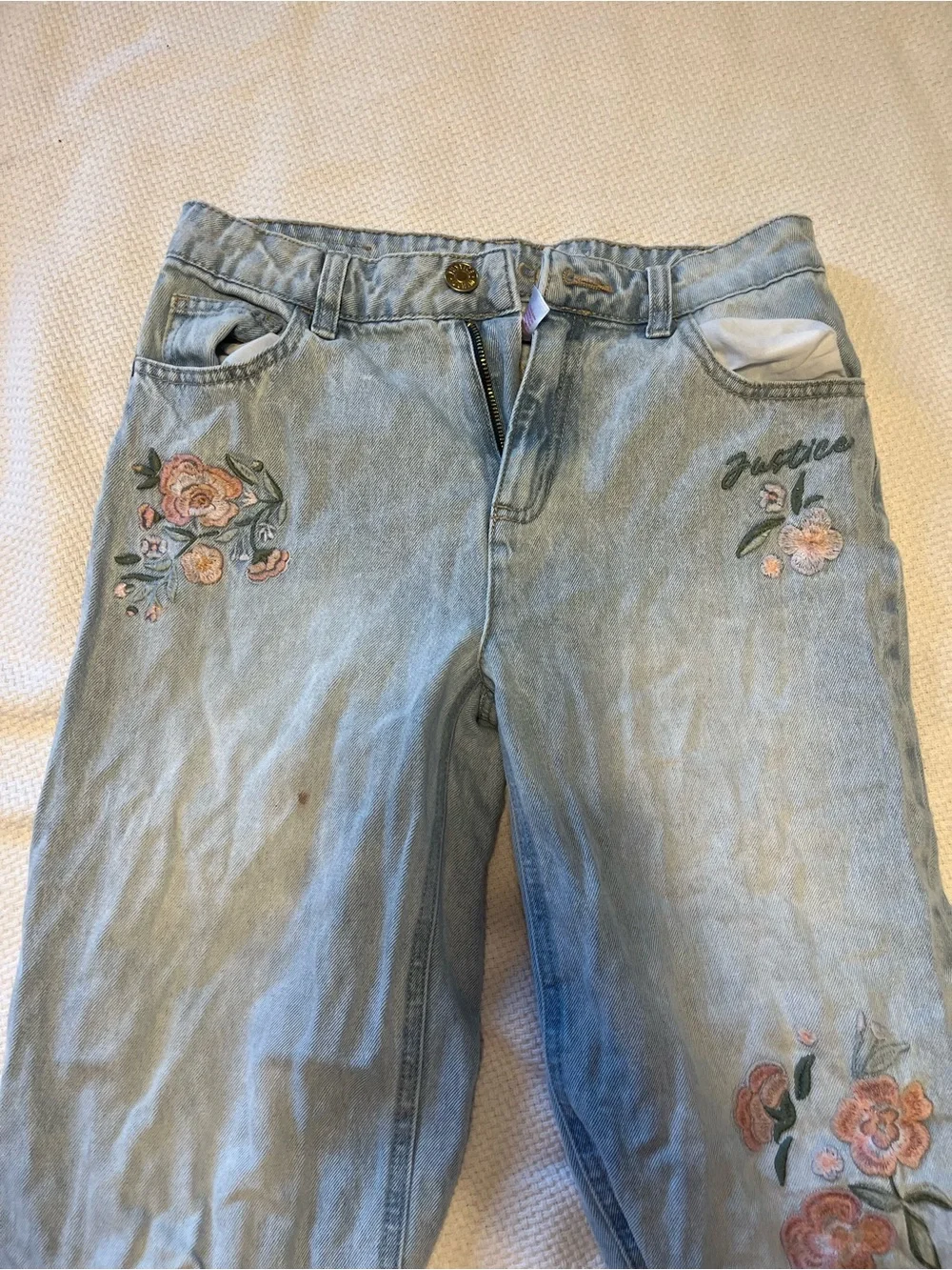 Justice Light Wash Denim Jeans with Pink Floral Embroidery